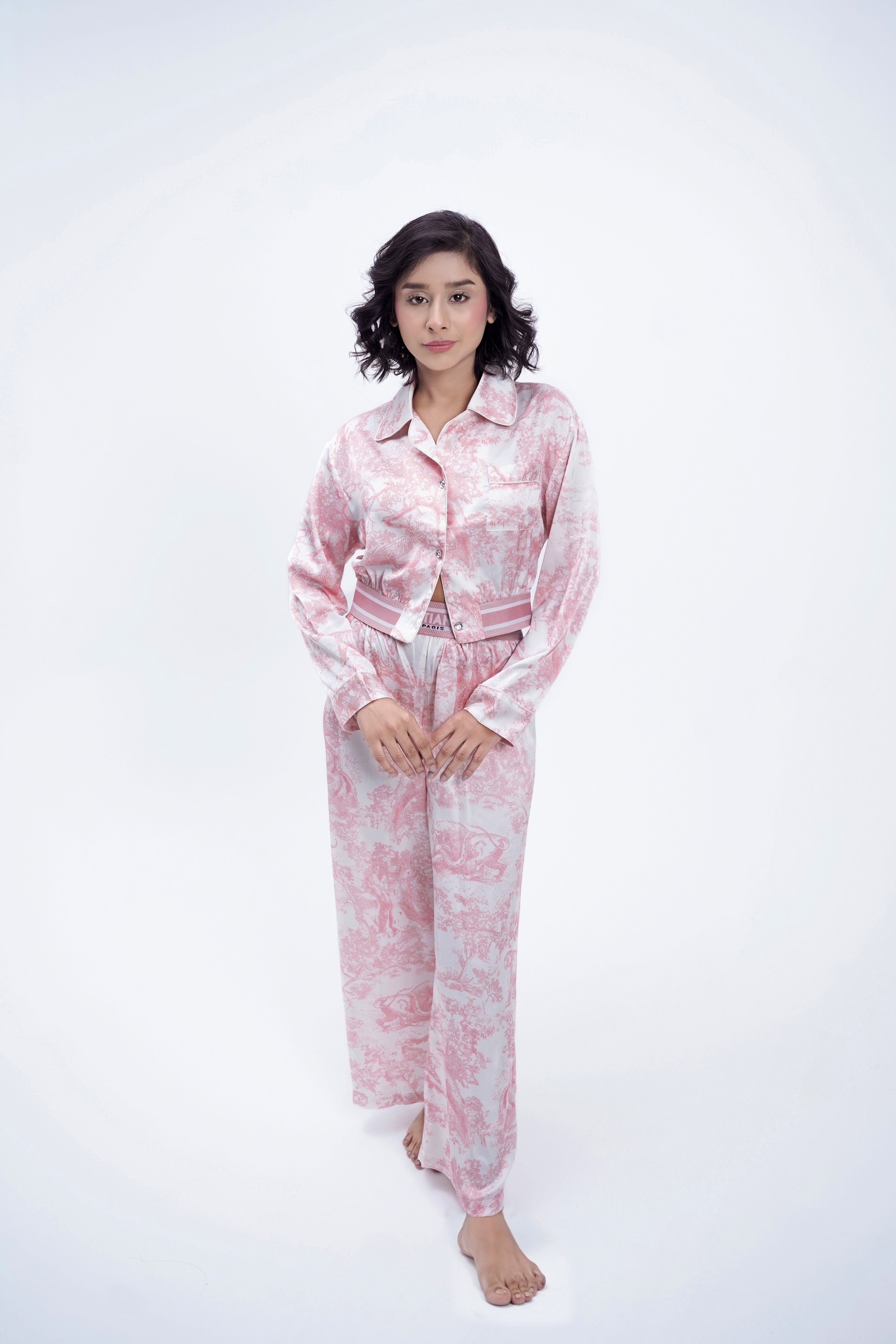 Silk 2 Pcs Printed PJ Set - Pink