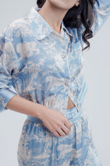 Silk 2 Pcs Printed PJ Set - Blue