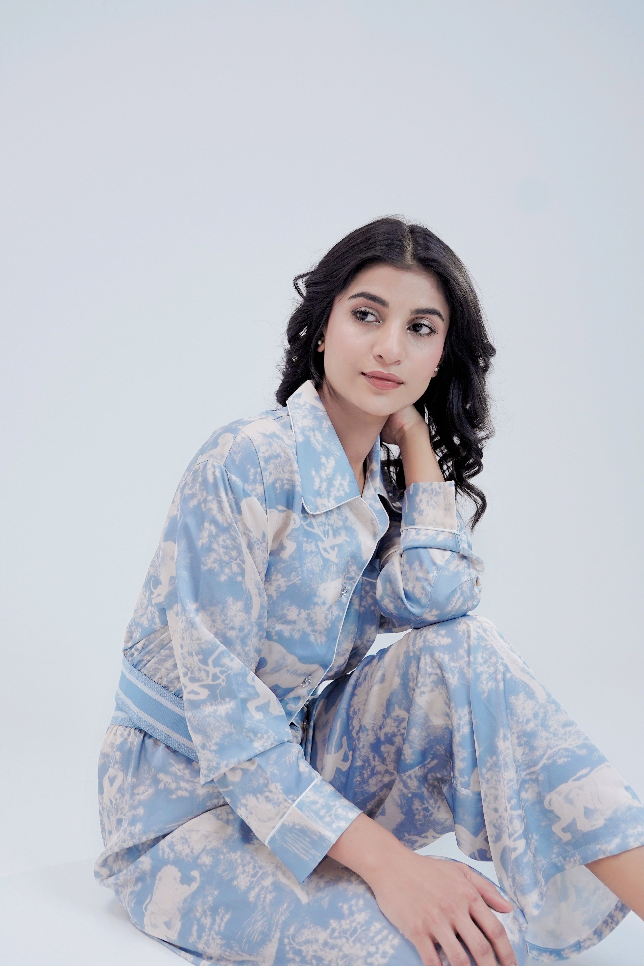 Silk 2 Pcs Printed PJ Set - Blue